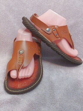 Mens Brown Leather Sandals Size 10 Toe Ring Ankle Wrap Thong Steampunk Cyber